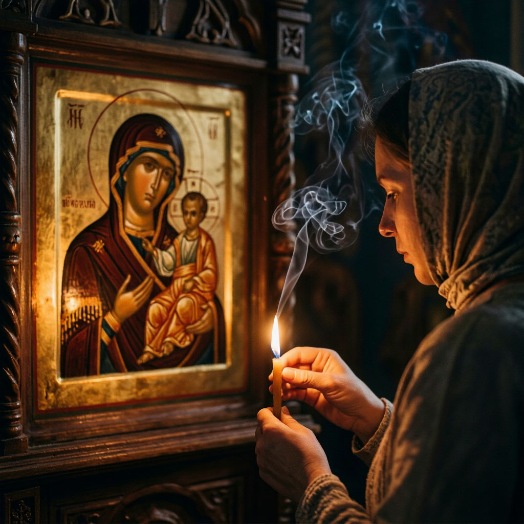 Женщина в платке зажигает свечу перед иконой Богородицы с Младенцем в храме — православная молитва за близких и семью